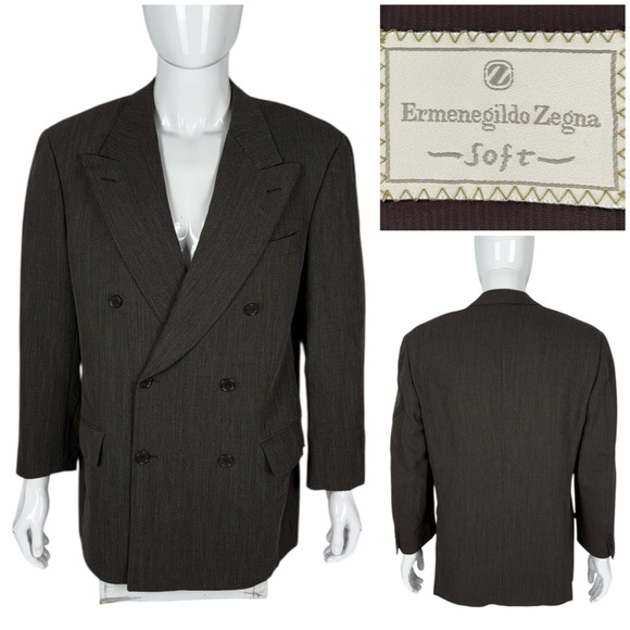 Ermenegildo Zegna Mens US 42 EU 52 Blazer Green Brown 100% Wool Double Breasted